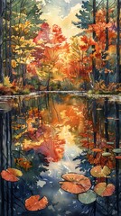 Capture a serene lake reflecting lush, vibrant foliage in a highly detailed watercolor painting