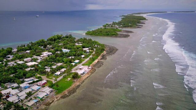 MARSHALL ISLANDS - 3.18.2024 - Great aerial footage waves lapping the Daritt Area Islands among the Marshall Islands.