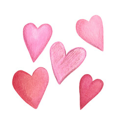 Set of pink hearts on a white background. Illustrations drawn in watercolors by hand in a children's style. Blank for stickers, postcards, magnets. children, kid, heart, love, pink, bright, set