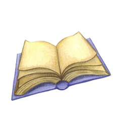 An open book on a white background, hand-drawn with watercolors in a children's style. Blank for postcards, scrapbooking, postcards. Book, literature, reading, children, baby, kids,