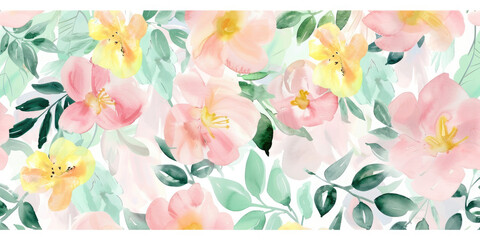Seamless floral pattern with watercolor textured abstract flower and leaf background elements in pink, yellow and green
