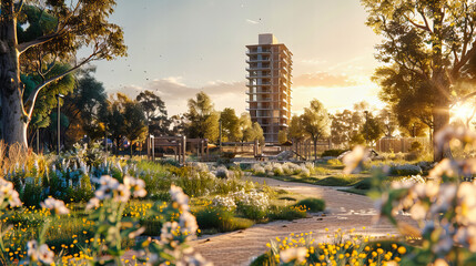 Modern Residential Buildings in Urban Cityscape, Green Parks and Landscaping, Sunny Day in the City