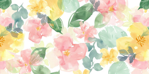 Seamless floral pattern with watercolor textured abstract flower and leaf background elements in pink, yellow and green
