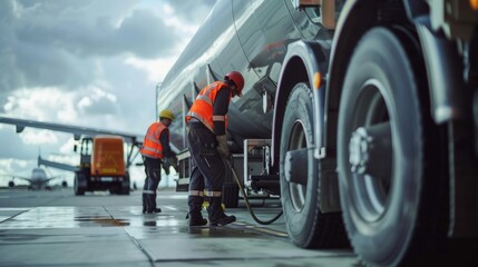 A team of engineers working on a runway filling up a large tanker truck with biofuel. The truck has a Clean Energy Airplane Refueling sign on the side. . - obrazy, fototapety, plakaty