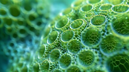 A microscopic view of a volvox colony a type of green algae that consists of hundreds of individual cells forming a spherical shape. - obrazy, fototapety, plakaty