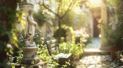 A dreamy defocused background featuring a quaint garden filled with antique statues weathered benches and overgrown flowers. The blurred effect adds to the feeling of walking through . - obrazy, fototapety, plakaty