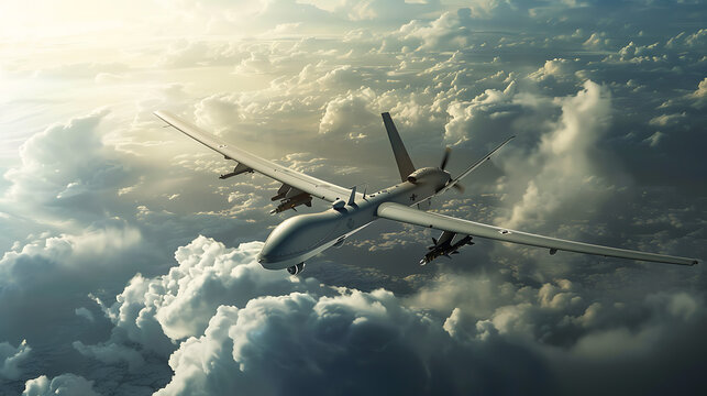 A futuristic image featuring a military drone hovering silently in the sky, its sleek and stealthy design blending seamlessly into the surrounding airspace.