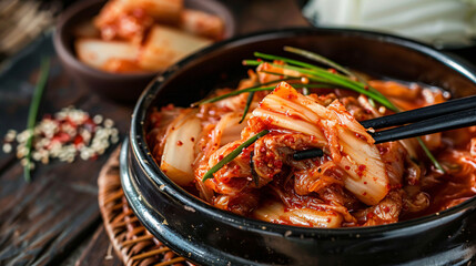Kimchi cabbage in a bowl on wooden background top