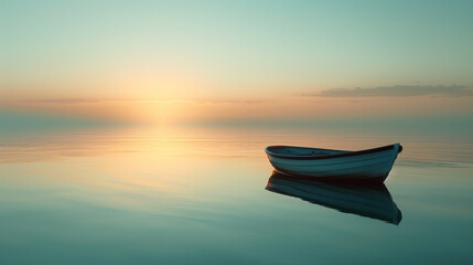 A small white boat sits in the middle of a calm lake