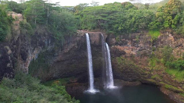 KAUAI - 3.19.2024 - Excellent aerial footage approaching the Wailua Falls in Kauai, Hawaii.