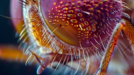 The microscopic view of a flys mouthparts featuring a spongelike labellum used for ing up liquids and a pair of sharp chisellike maxillae - obrazy, fototapety, plakaty