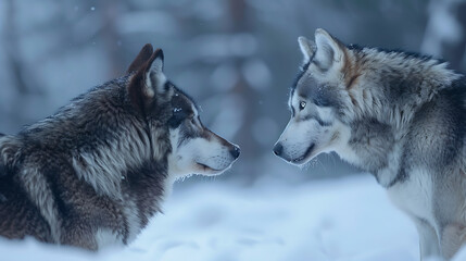 A captivating image capturing the mesmerizing encounter between a wild wolf and a domesticated Siberian Husky, standing face to face in a snowy wilderness