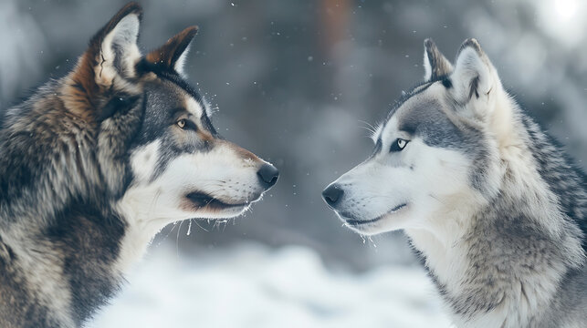 A captivating image capturing the mesmerizing encounter between a wild wolf and a domesticated Siberian Husky, standing face to face in a snowy wilderness