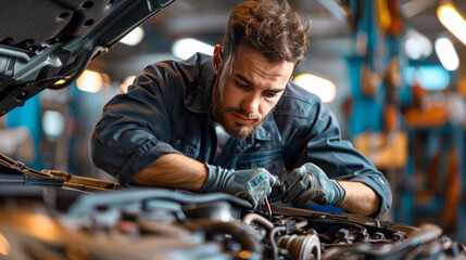 Fototapeta na wymiar Intriguing snapshot: Mechanic diligently tends to vehicle in well-lit repair shop,generative ai