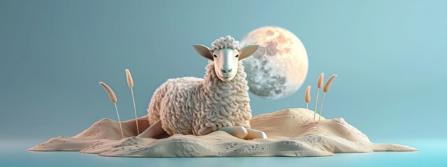 3d moon and sheep on blue background. eid adha concept. .