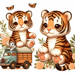 Children Friendly Happy Funny Cartoon Wild Cute Baby Tiger Cub Nature Animal Character Mascot Playing Illustration on White Background. Orange Black & White Nursery Kindergarten Pattern. Childish Card