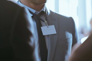 close-up of name tag of businessman at conference - obrazy, fototapety, plakaty