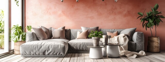 3d render of a beautiful design of a room with a gray sofa. Accent terracotta beige peach fuzz 2024 color wall. A lot of plants.