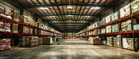 Modern, Efficient Warehouse with Organized Shelves and a Streamlined Distribution System