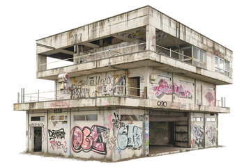 Concrete old abandoned building with graffiti on its wall. Isolated over white transparent background