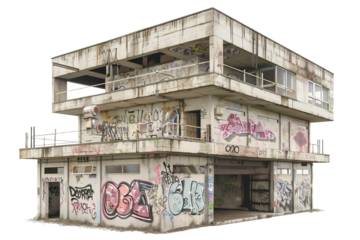 Concrete old abandoned building with graffiti on its wall. Isolated over white transparent background