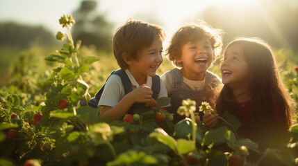 A group of children picking ripe strawberries in a sun-drenched field, their laughter echoing in the breeze, copy space