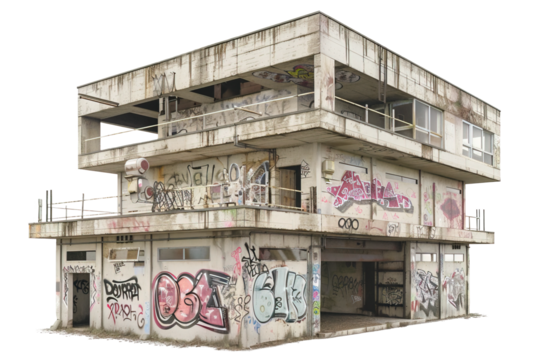 Concrete old abandoned building with graffiti on its wall. Isolated over white transparent background