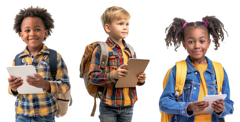 Collection of multi ethnic School children using digital tablet over isolated transparent background