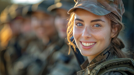 A smiling young female adult soldier wearing a soldier's uniform together with other soldiers,generative ai