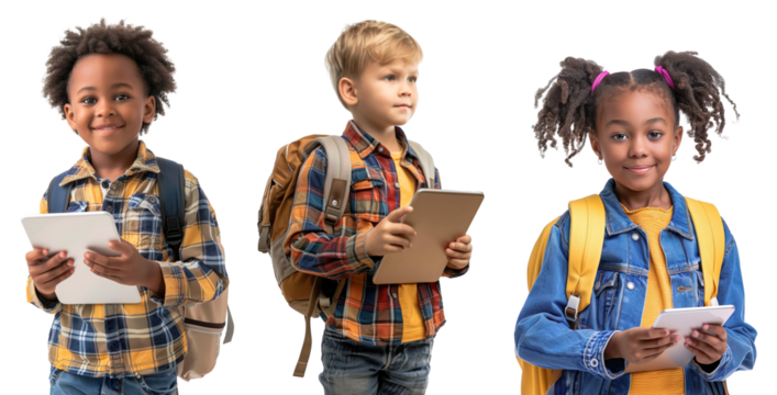 Collection of multi ethnic School children using digital tablet over isolated transparent background