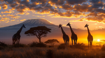 Obraz premium Mount Kilimanjaro's base, savannah bathed in golden sunlight, silhouetted acacias, giraffes, and elephants, embodying Africa's wild heart.generative ai
