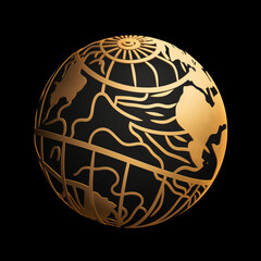 stylised illustration, of a globe, gold on black background,generative ai