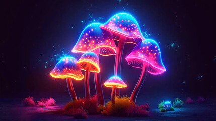 Neon mushrooms on a dark background - obrazy, fototapety, plakaty