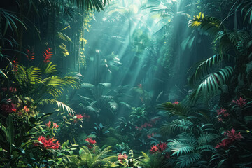 enchanting forest light, a mystical journey through dense greenery illuminated by magical sunbeams