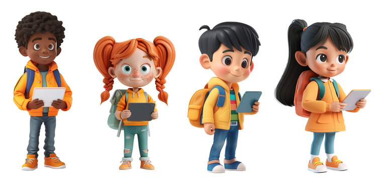 School children using laptop, cartoon character 3D style over white transparent background