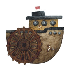 Sea ship with paddle wheel, steamship on a white background. Hand drawn watercolor illustration. Can be used for children's room or holiday, postcard, poster. Ship, paddle wheel, steamer, transport