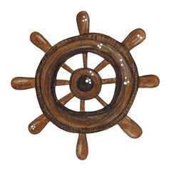 Steering wheel, wooden brown on a white background. Watercolor illustration in children's style, hand-drawn. Blank for postcards, posters. Cartoon, children, kids, boy, isolated, sea, ocean, marine