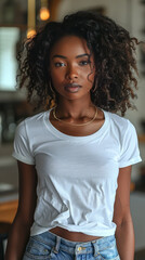 a beautiul black woman in a blank white Bella Canvas 3001 t-shirt and jeans,generative ai
