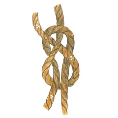 Sea knot on a white background. Blank for postcards, appliqués, stickers, journaling and scrapbooking. Illustration drawn in children's style by hand. For cards, posters. White background, rope, rope
