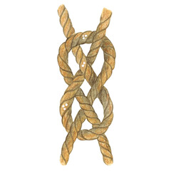 Sea knot on a white background. Blank for postcards, appliqués, stickers, journaling and scrapbooking. Illustration drawn in children's style by hand. For cards, posters. White background, rope, rope