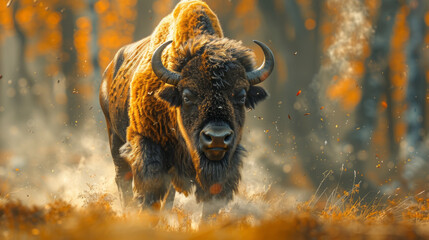 angry european bison charging at the camera,generative ai