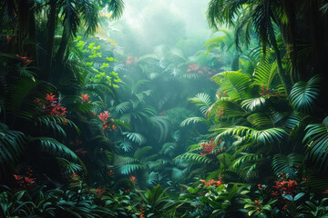lush green tropical rainforest with vibrant flowers and misty atmosphere