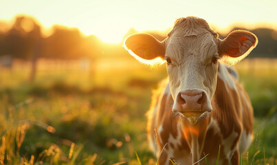 A cow standing in a lush, green pasture bathed in the golden glow of sunrise,generative ai - obrazy, fototapety, plakaty