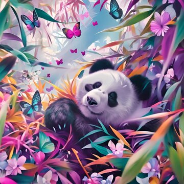 A cute cartoon panda is sleeping in a bed of flowers and butterflies. The panda is surrounded by colorful flowers and butterflies in a surreal colorful forest.