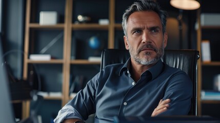 Obraz premium a businessman with a beard is sitting at a desk with his arms crossed
