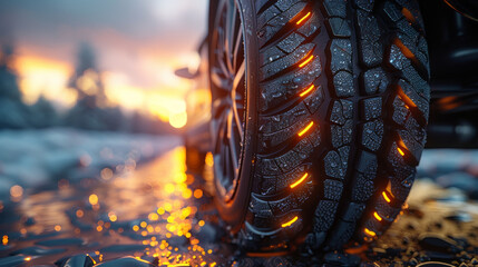 close-up of tire with dark yellow sunburst,generative ai