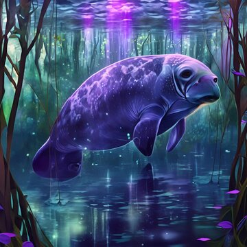 A purple manatee swims through a magical underwater forest.