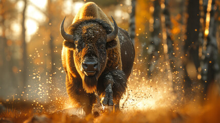 angry european bison charging at the camera,generative ai