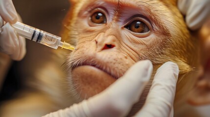 Botox injection in the face of a monkey. Beauty and youth treatment. - obrazy, fototapety, plakaty
