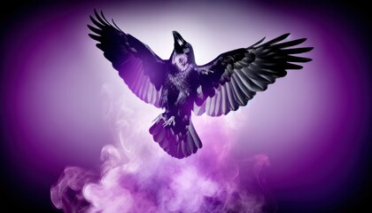 Fototapeta premium majestic raven emerging from a cloud of mystical purple smoke, its wings spread wide in flight.